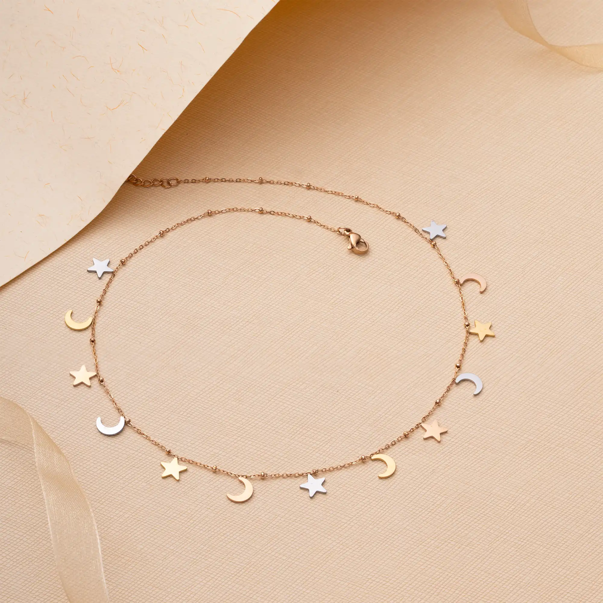 Triple Tone Gold, Silver and Rose Gold - Stars and Moons Light Weight Necklace