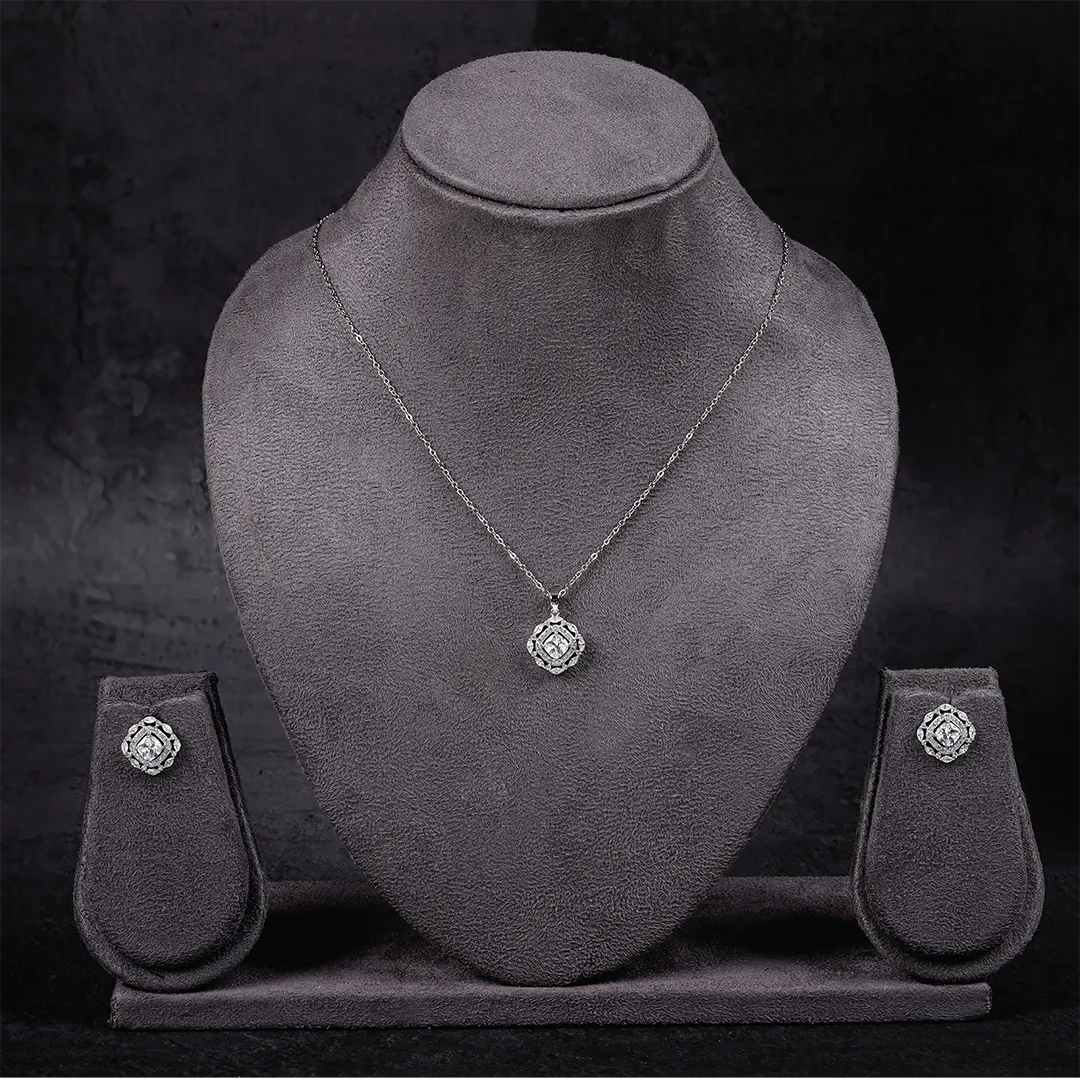 Pendant Set adorned with American Diamonds with Chain and Earrings in Rhodium Finish