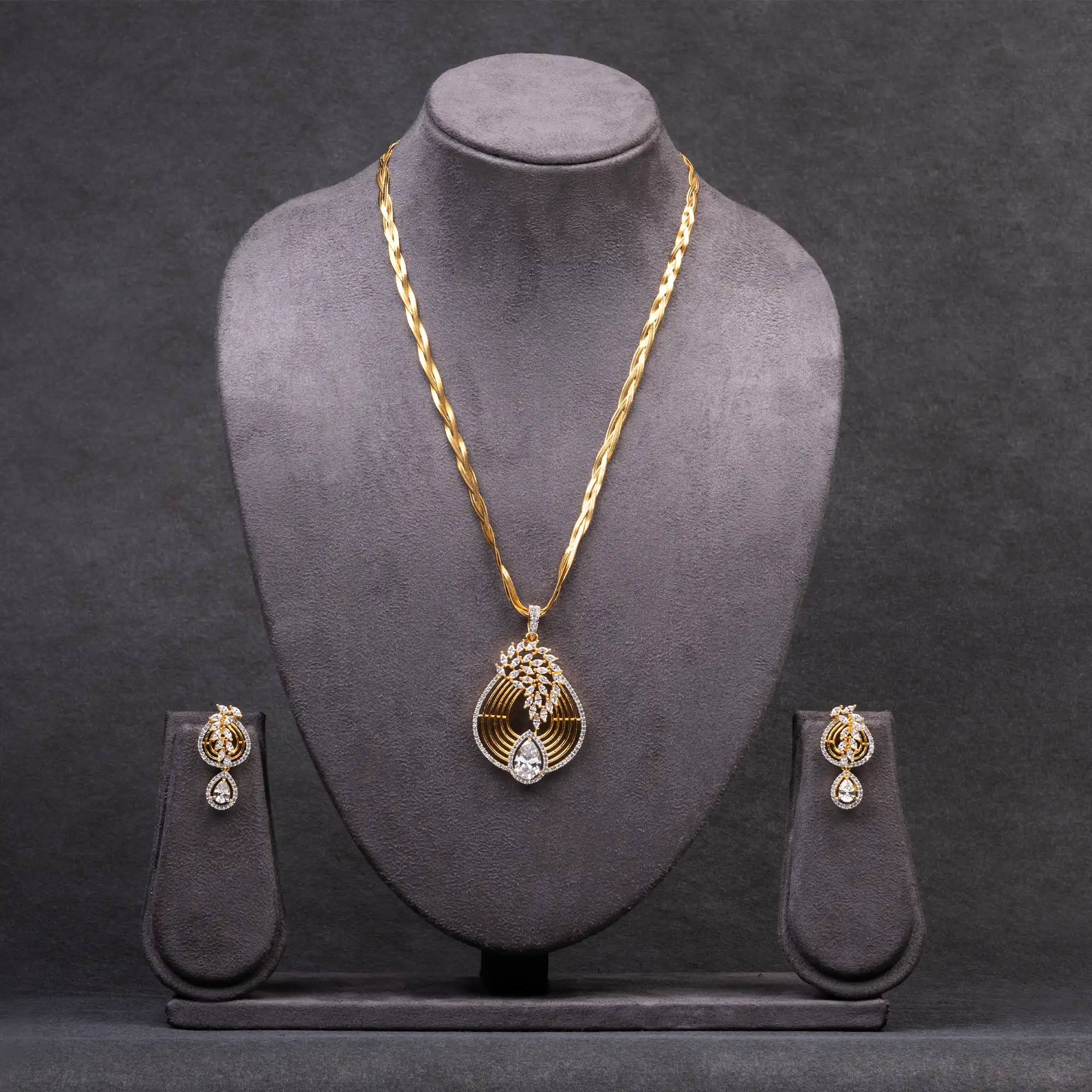 Gold-Plated American Diamond and White Stone Pendant Set with Chain