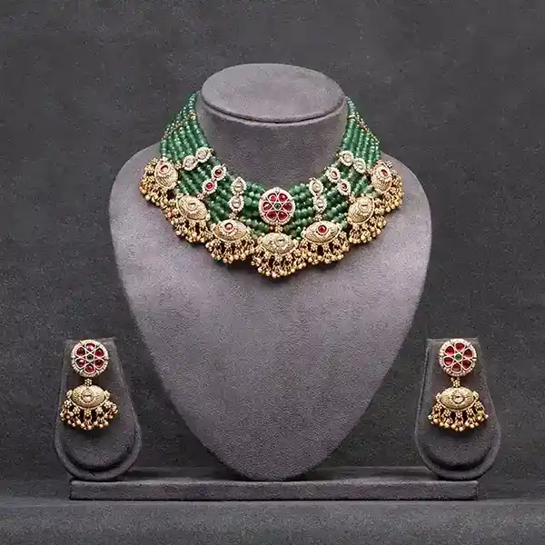 Gold-Plated Necklace and Earrings with Kundan, White Pearls and Green Onex Beads