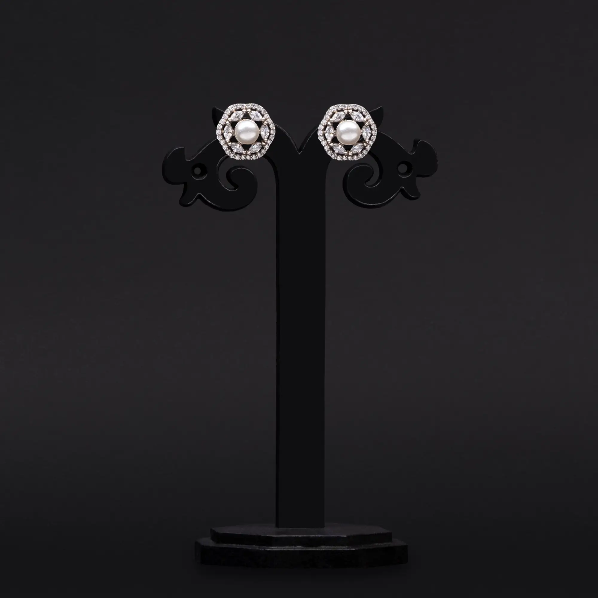 Rhodium-Plated American Diamond and Pearl Earrings