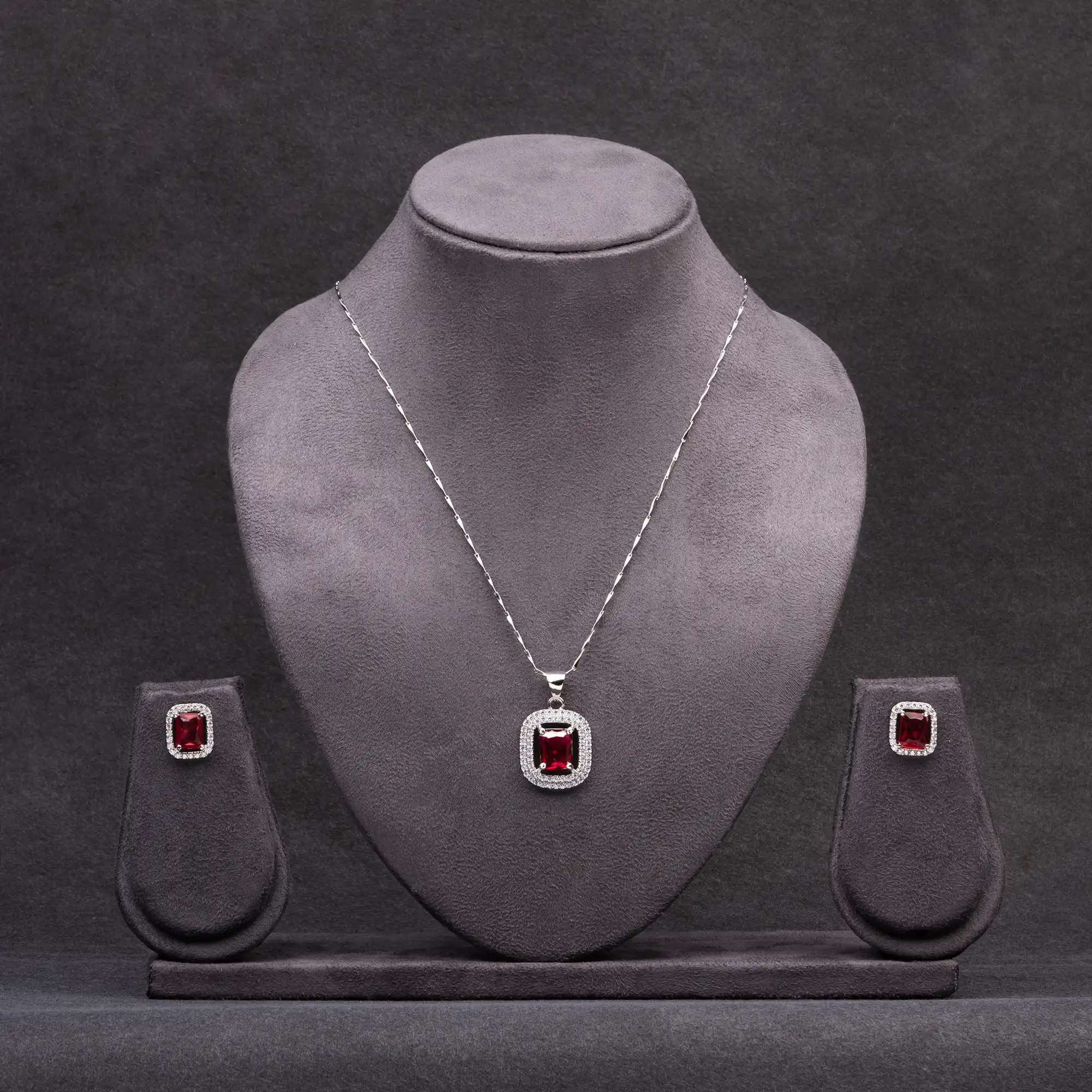 Rhodium-Plated American Diamond and Red Stone Pendant Set with Chain