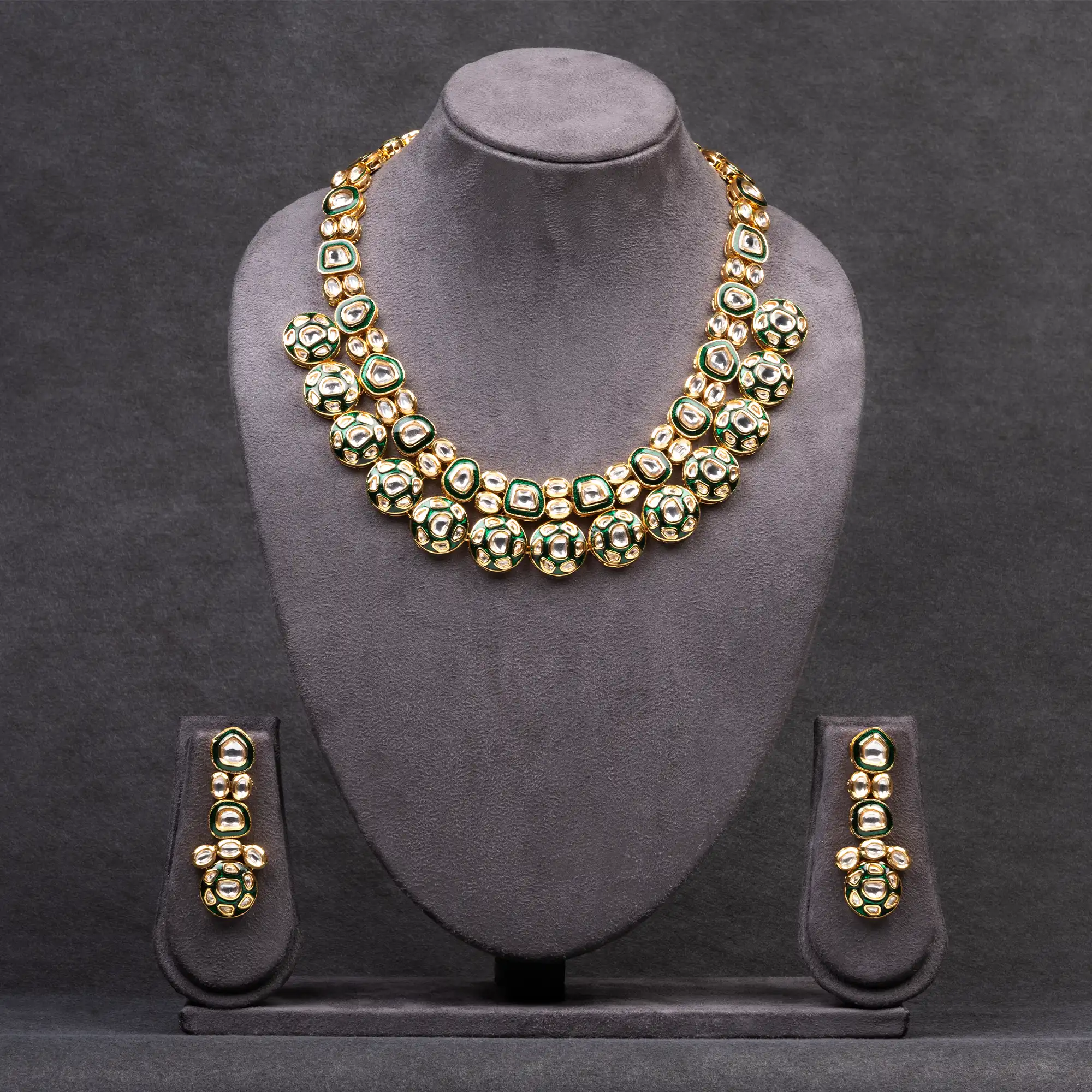 Gold-Plated Polki Set in Green Meenakari Heavy Necklace and Earrings