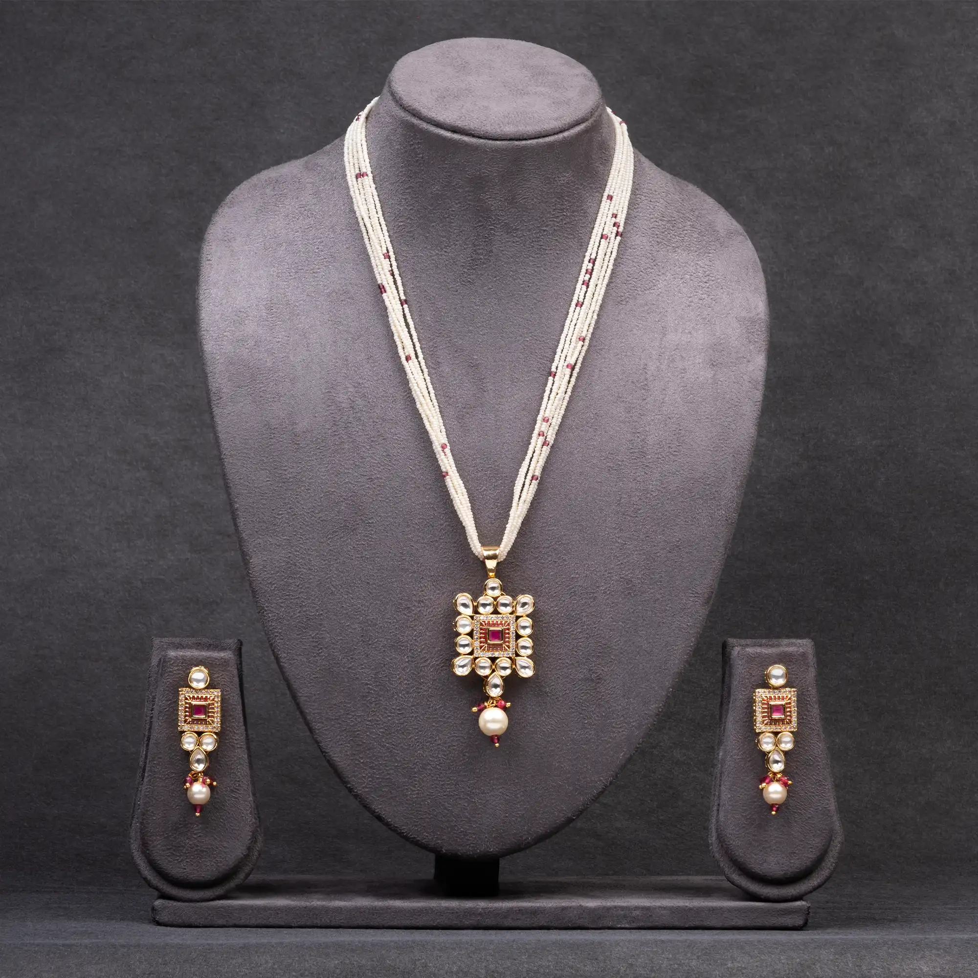 Kundan and Red Stone Pendant Set with 6 Lined Mala