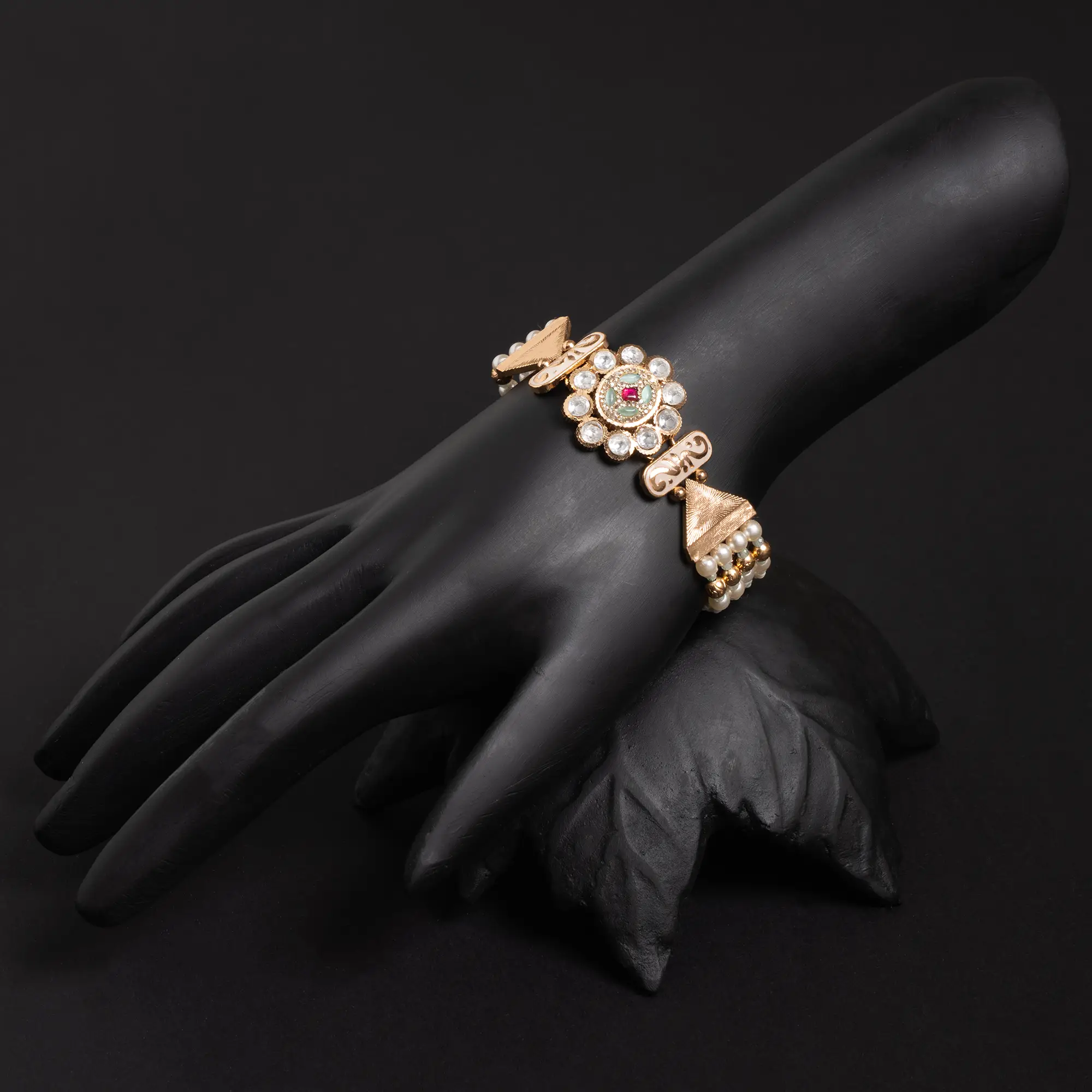 Gold-Plated Kundan and Meenakari Bracelet with Red and Mint Stone, White, Gold and Red Pearls.