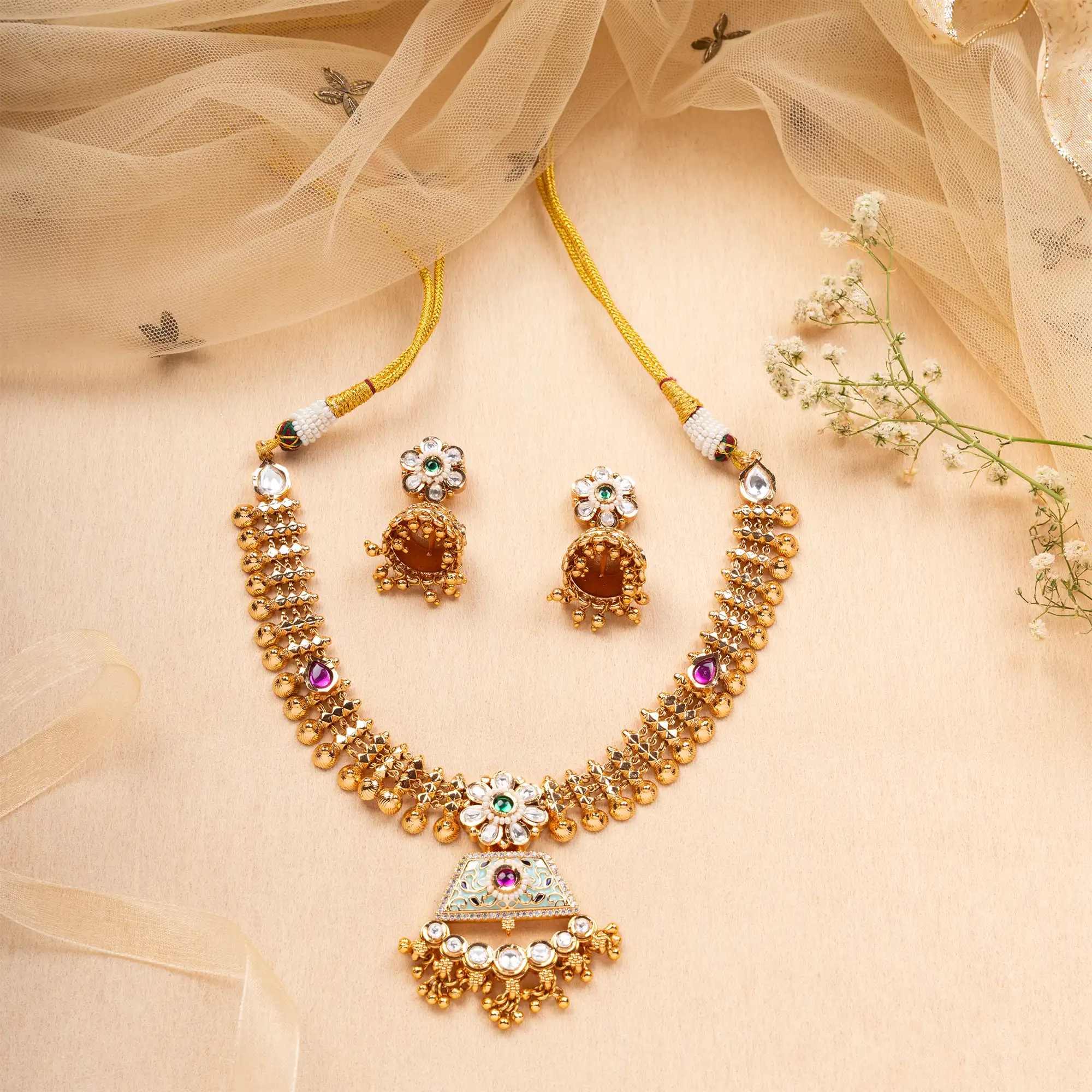Gold-Plated Traditional Necklace with Kundan and Meenakari alongwith Jhumkas