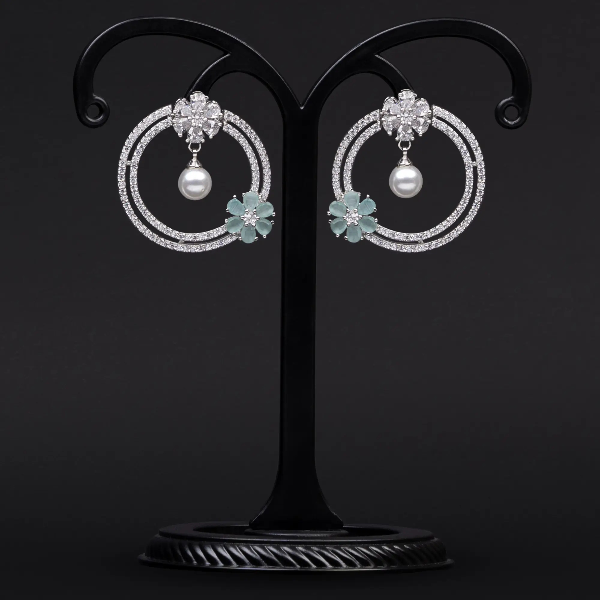 Circles of American Diamonds with Floral Motifs in Mint Stones and White Pearl Earrings