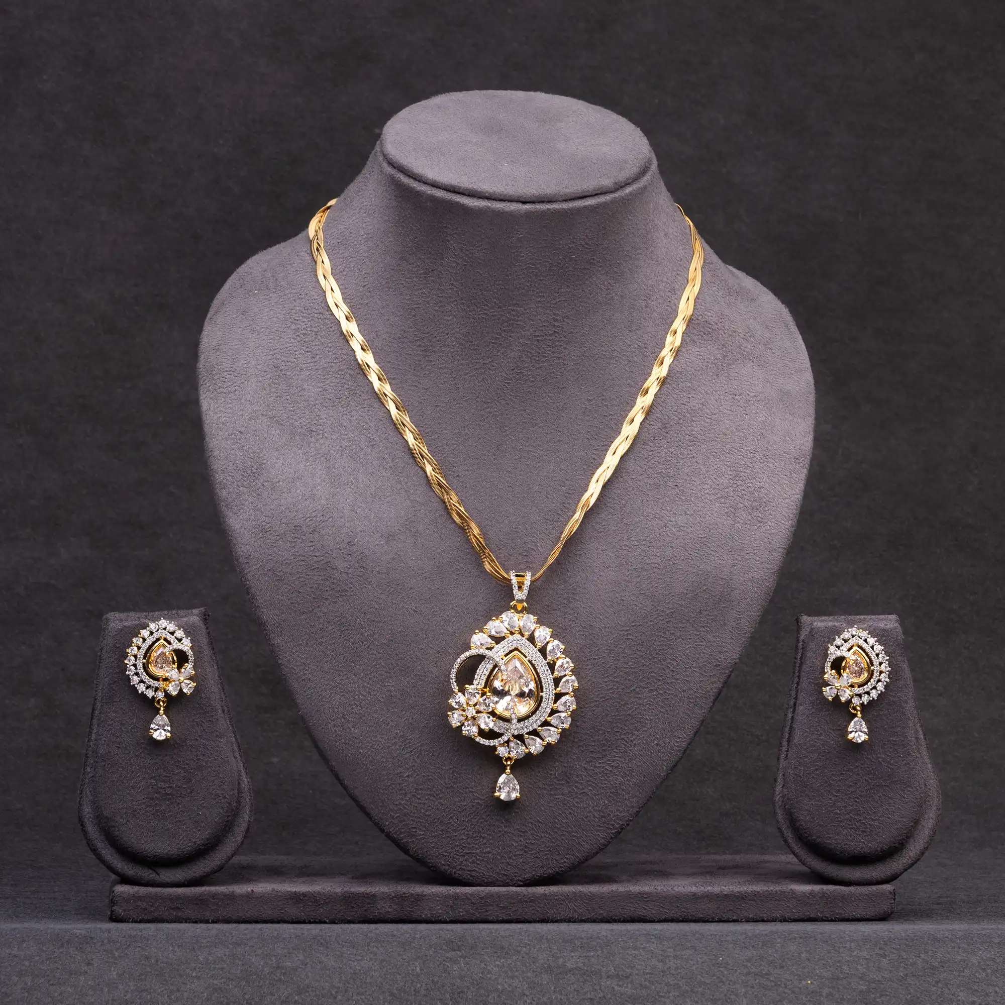 Gold-Plated American Diamond and White Stone Pendant Set with Chain
