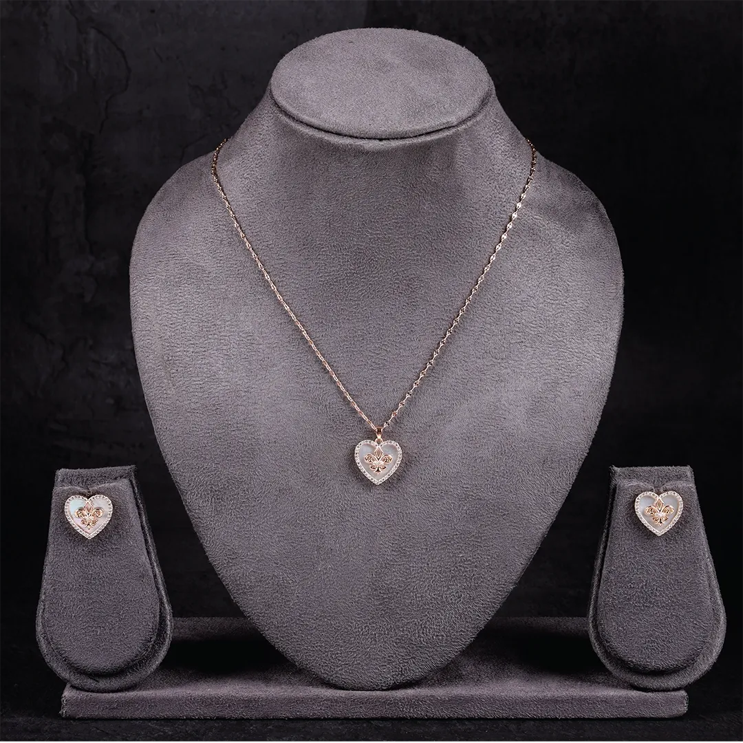 Heart-Shaped American Diamond and Mother Pearl Light Weight Pendant Set with Chain and Earrings in Rose Gold