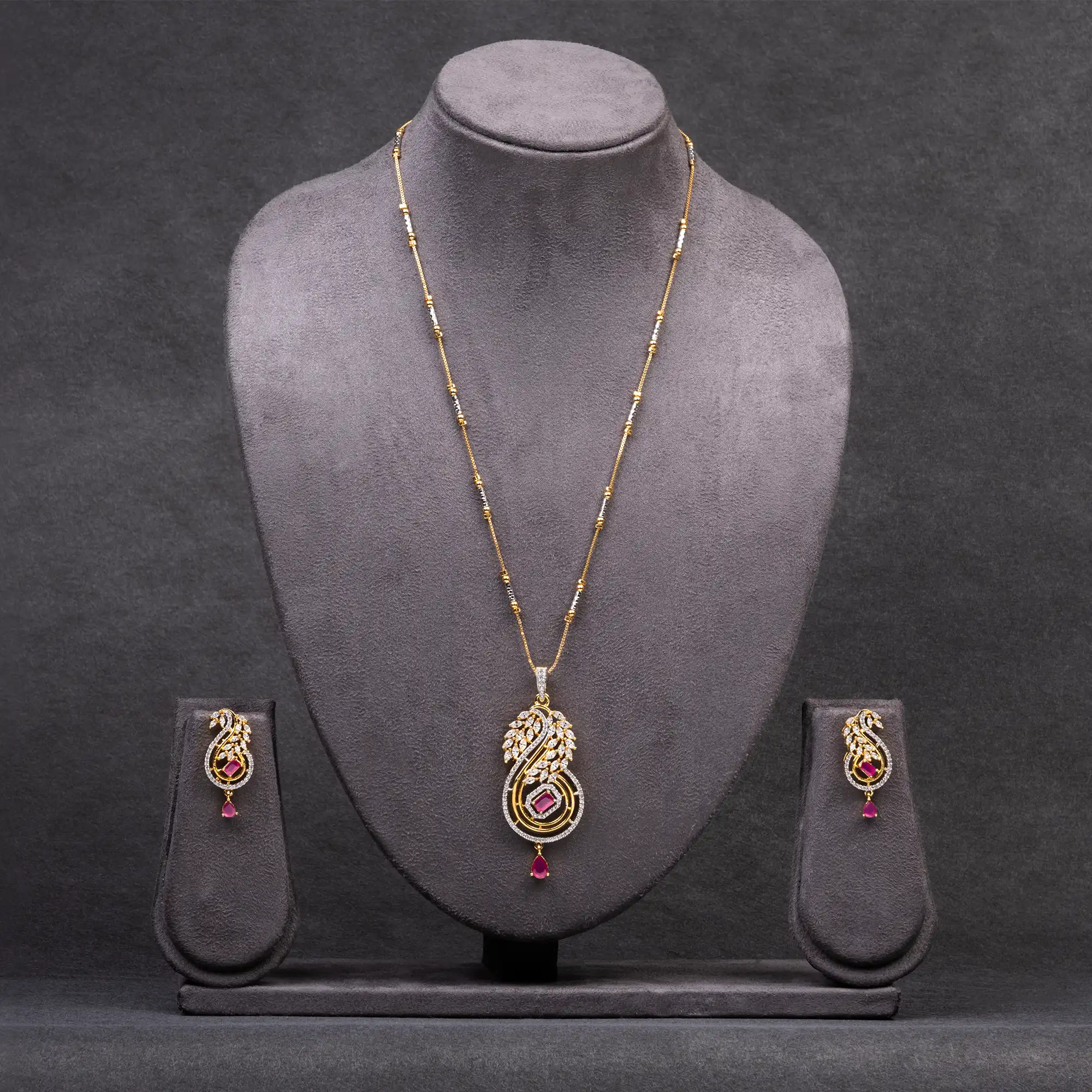 Gold-Plated American Diamond, Ruby and White Stone Pendant Set with Chain