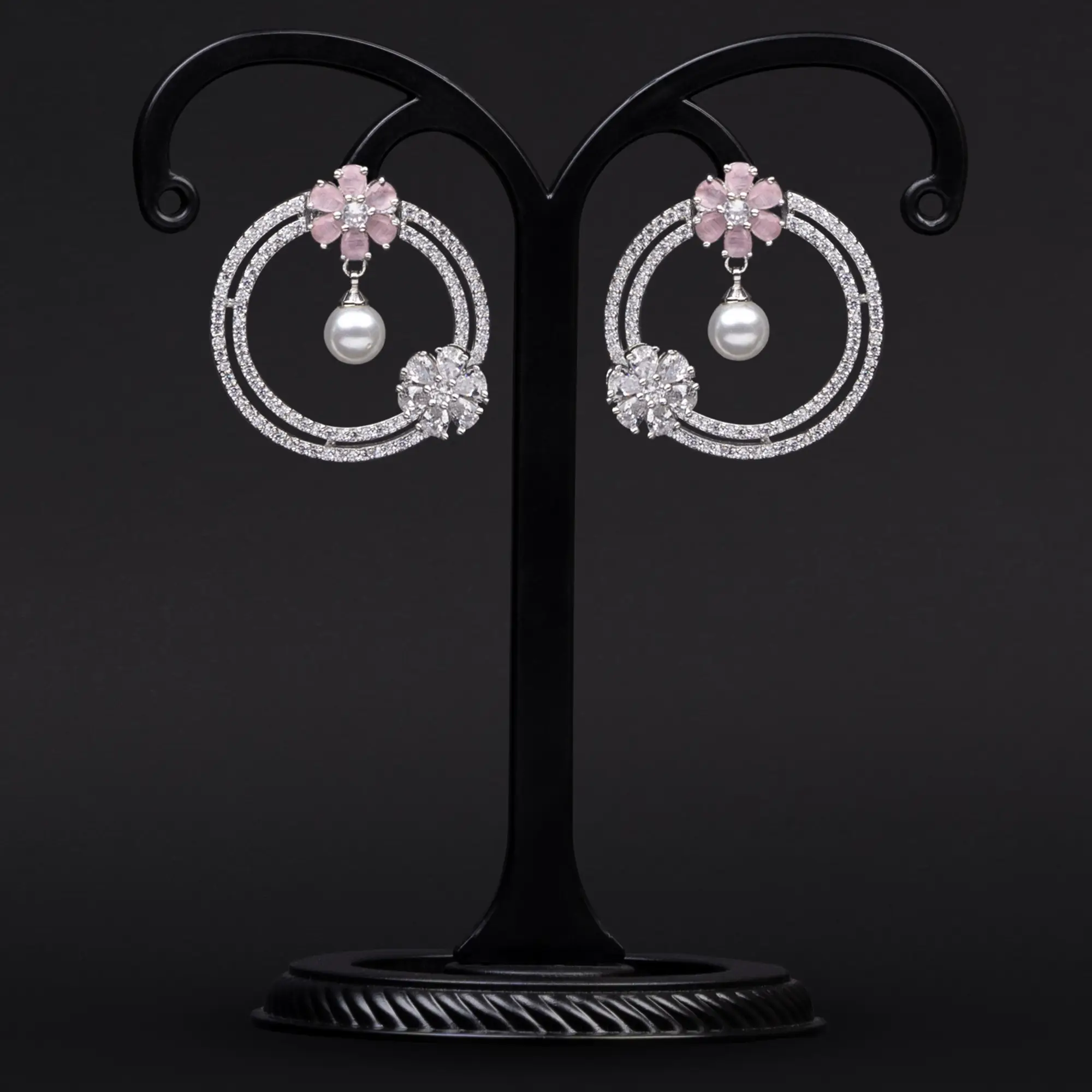 Circles of American Diamonds with Floral Motifs in Blush Pink Stone and White Pearl Earrings