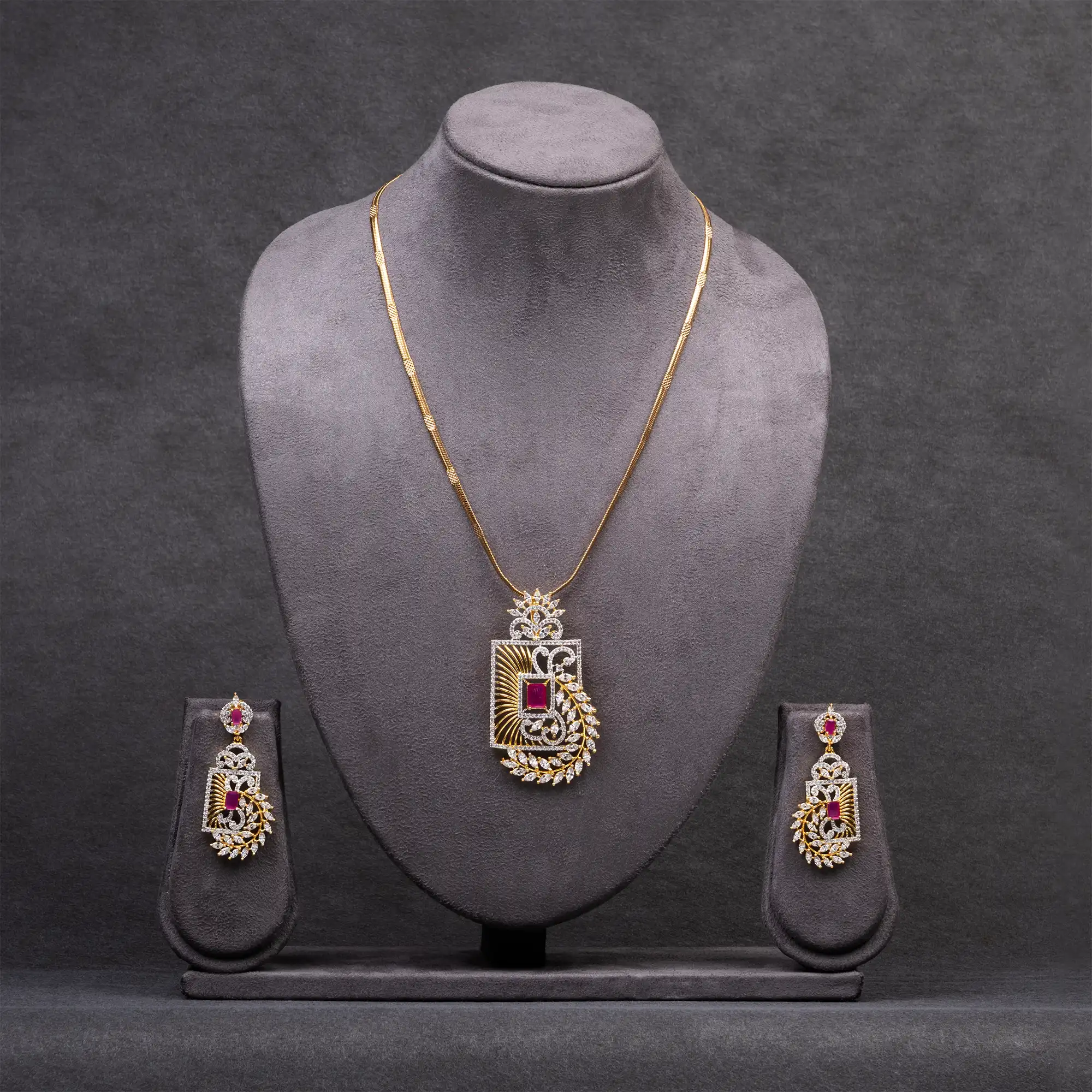 Gold-Plated American Diamond and Ruby Stone Pendant Set with Chain