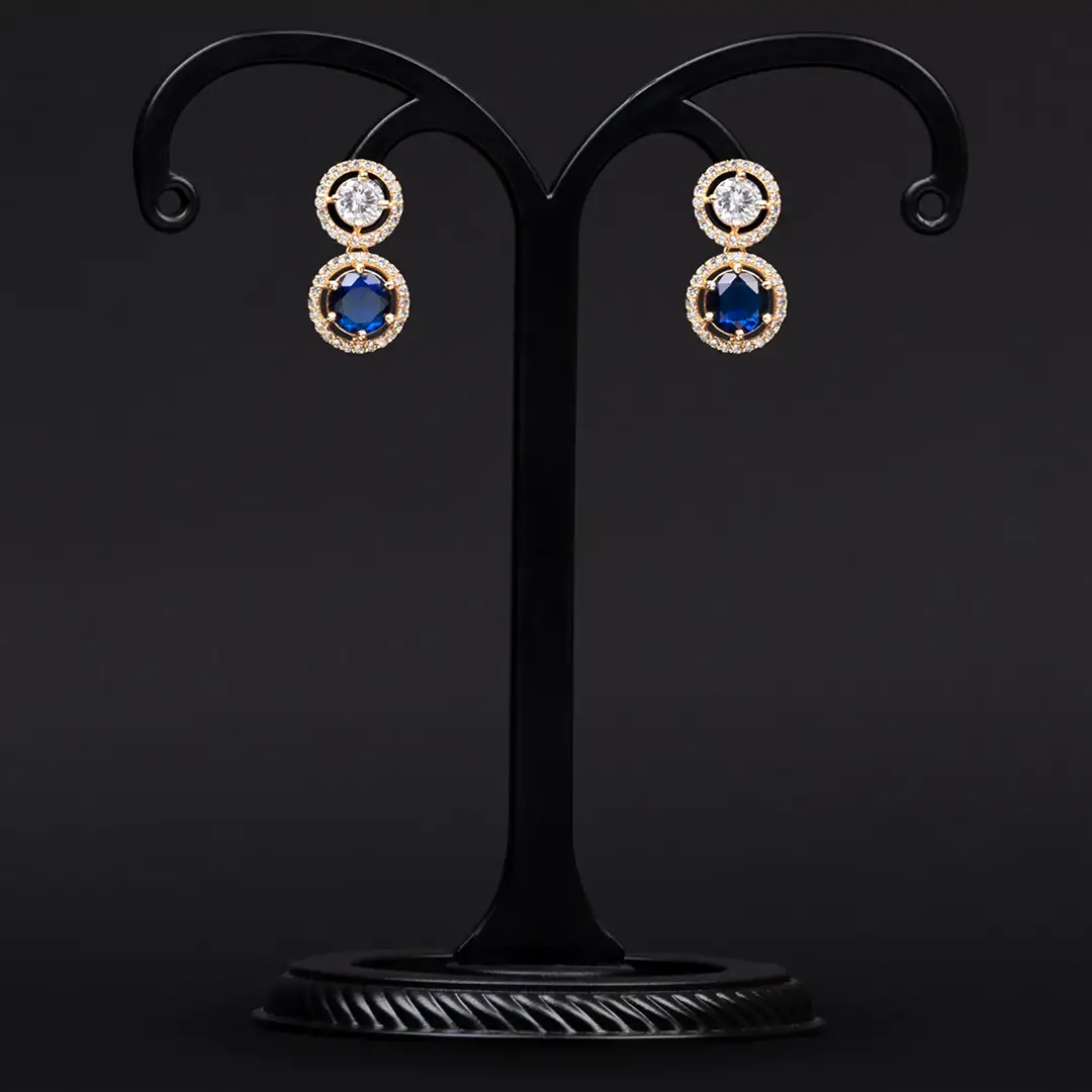 Rose Gold-Plated American Diamond Earrings with White and Royal Blue Stones
