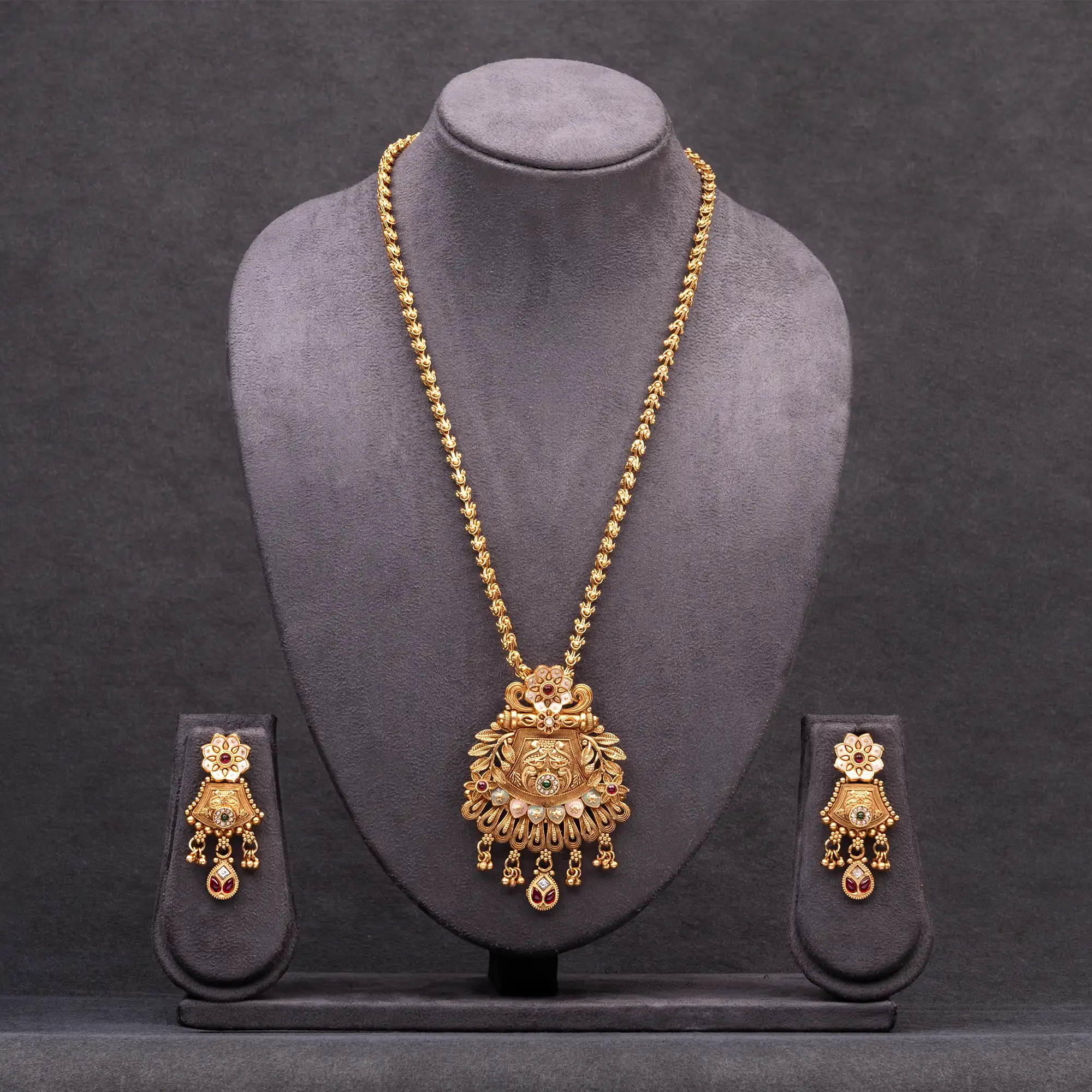 Meenakari and Coloured Stones Gold-Plated Pendant Set with Chain