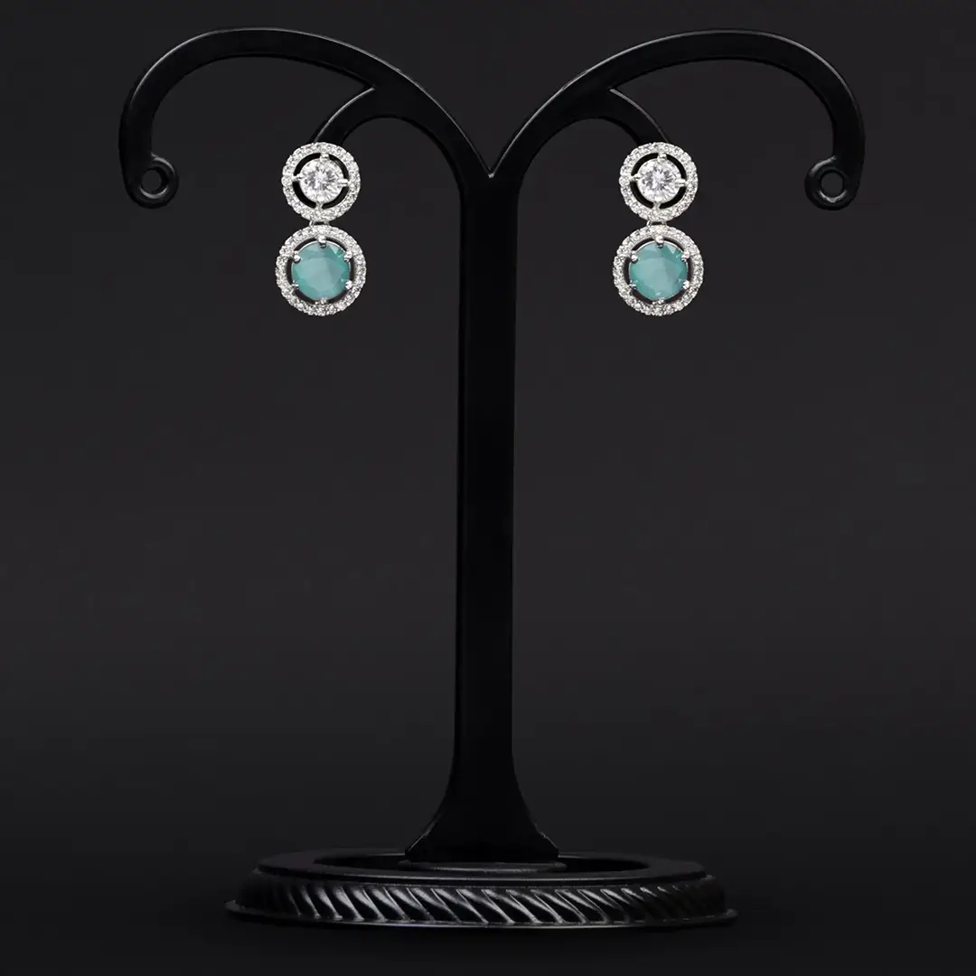 Rhodium-Plated American Diamond Earrings with White and Refreshing Mint Stones