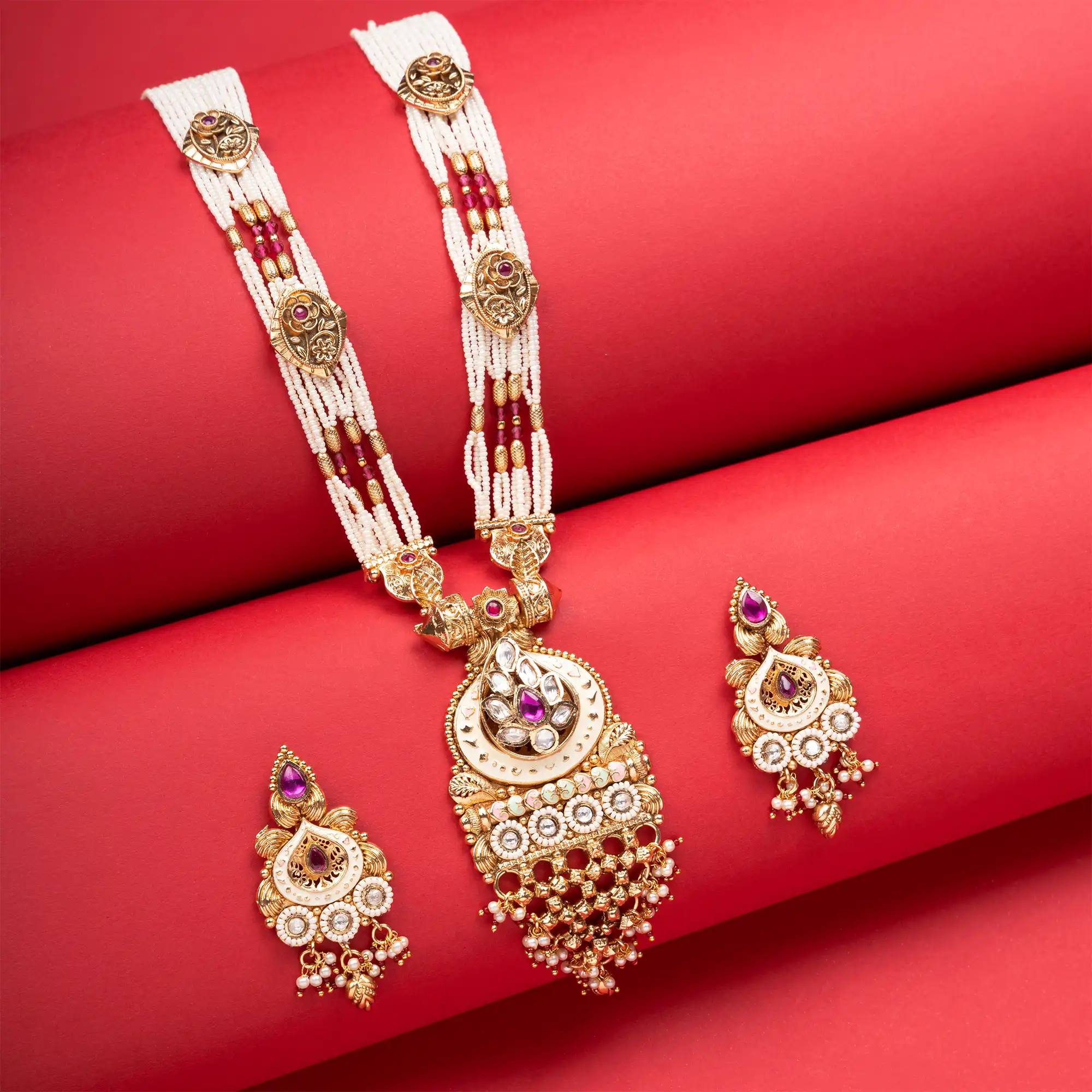 Rajwadi Look Gold-Plated Kundan, Meenakari and White Pearl Long Necklace Set with Earrings