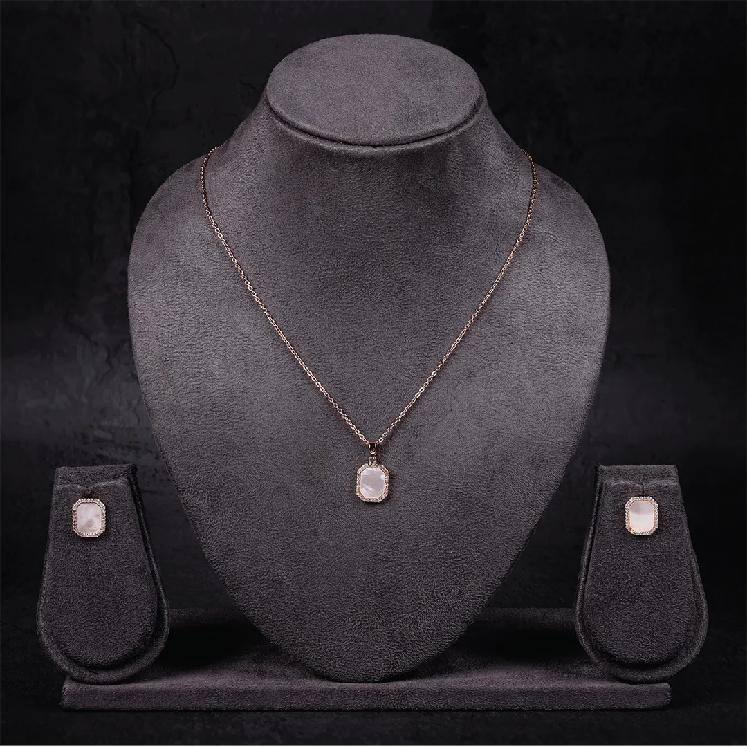 Rectangle-Shaped American Diamond and Mother Pearl Light Weight Pendant Set with Chain and Earrings in Rose Gold