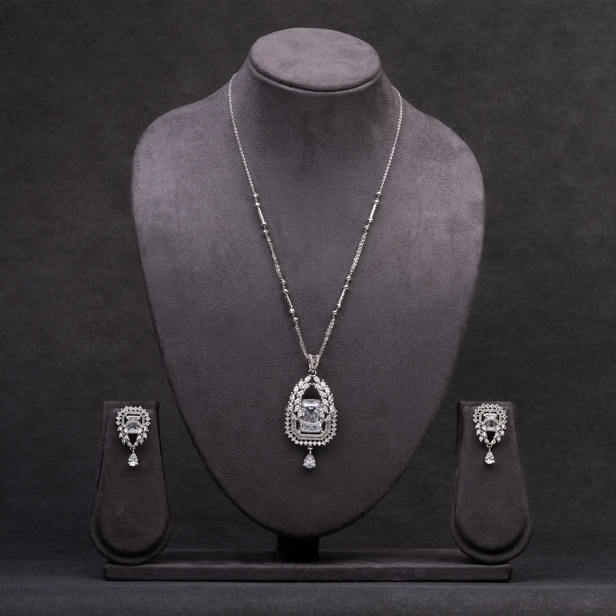 Rhodium-Plated American Diamond and White Stone Pendant Set with Chain