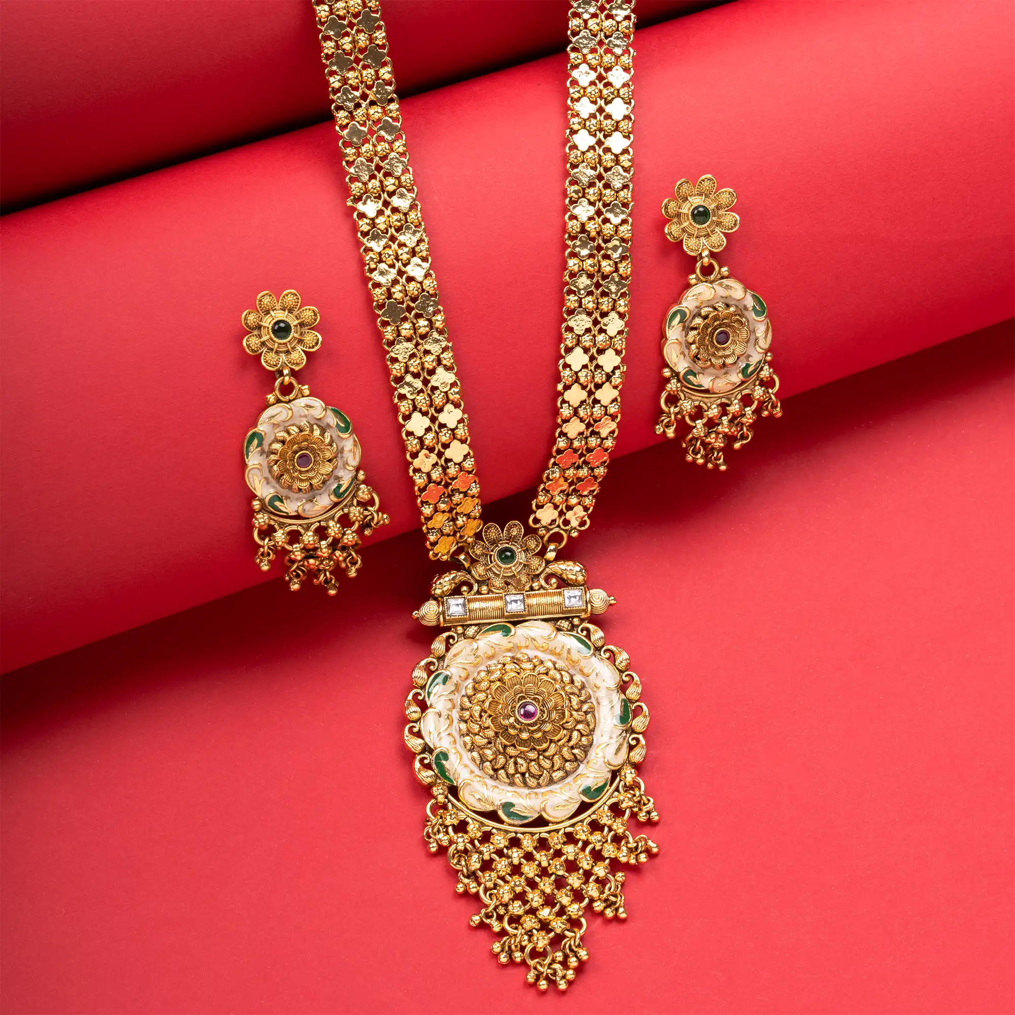 Gold-Plated Traditional Long Necklace with Earrings Set