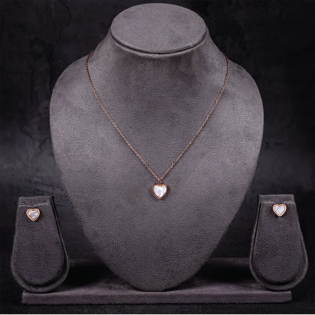 Heart-Shaped Mother Pearl Light Weight Pendant Set with Chain and Earrings in Rose Gold