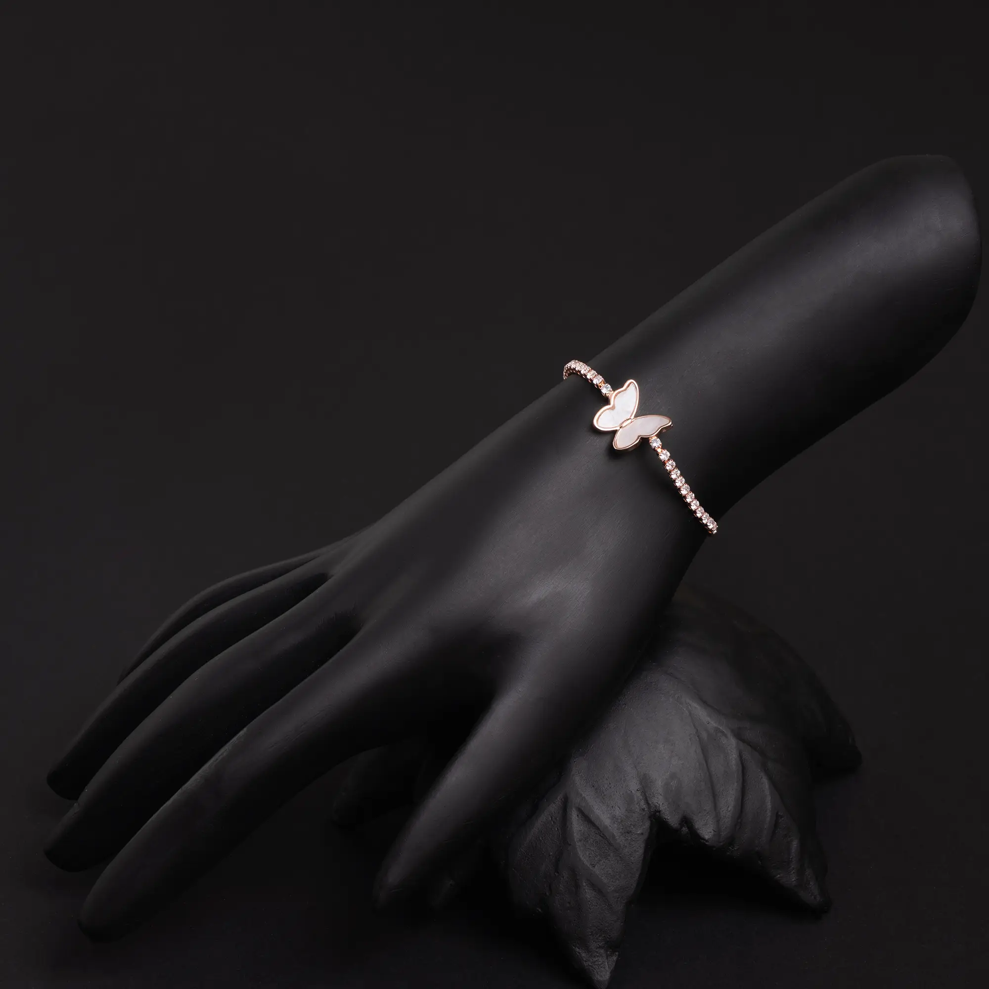 Rose Gold-Plated American Diamond Tie-Up Bracelet with Butterfly Motif