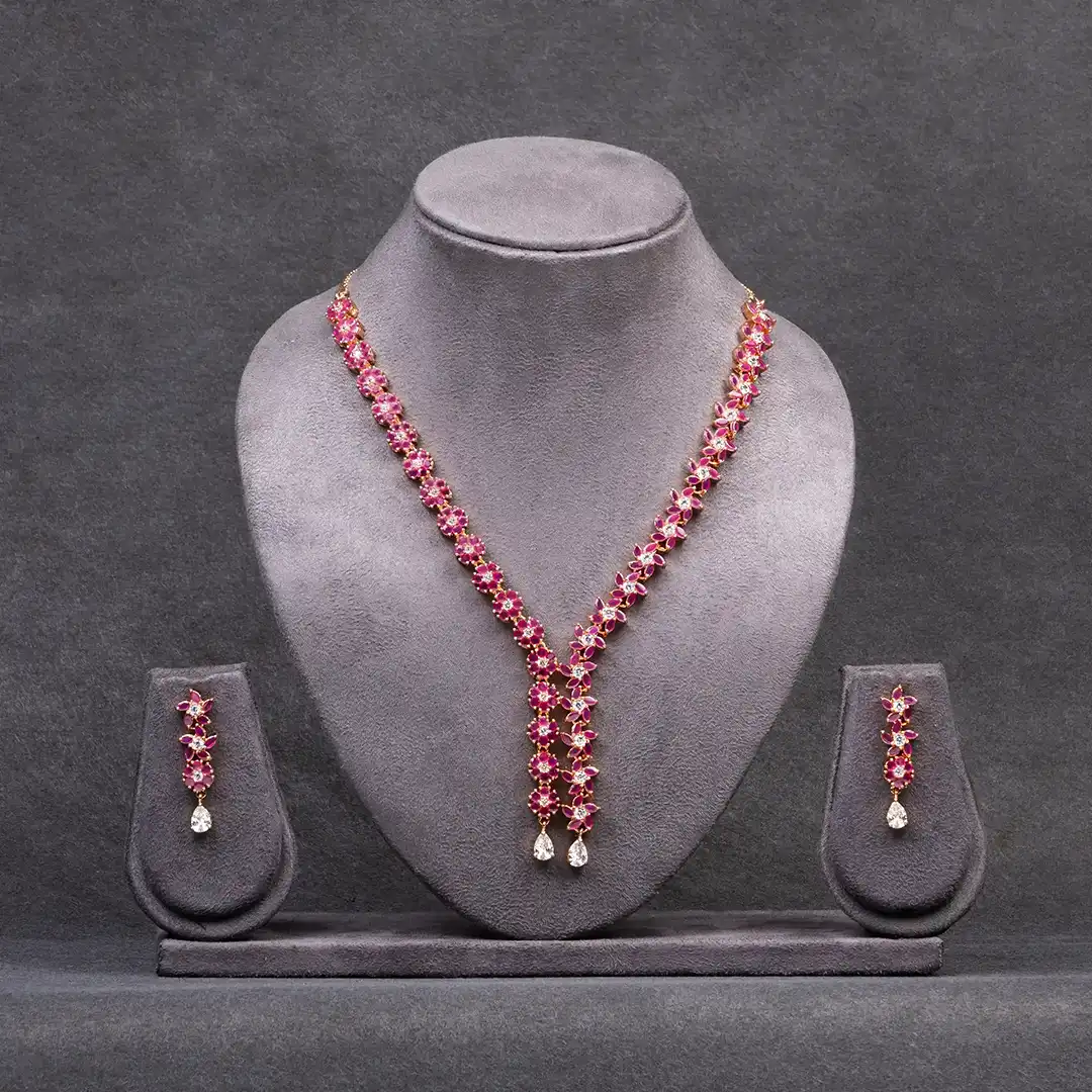 Gold-Plated Ruby and White American Diamond Necklace and Earrings Set