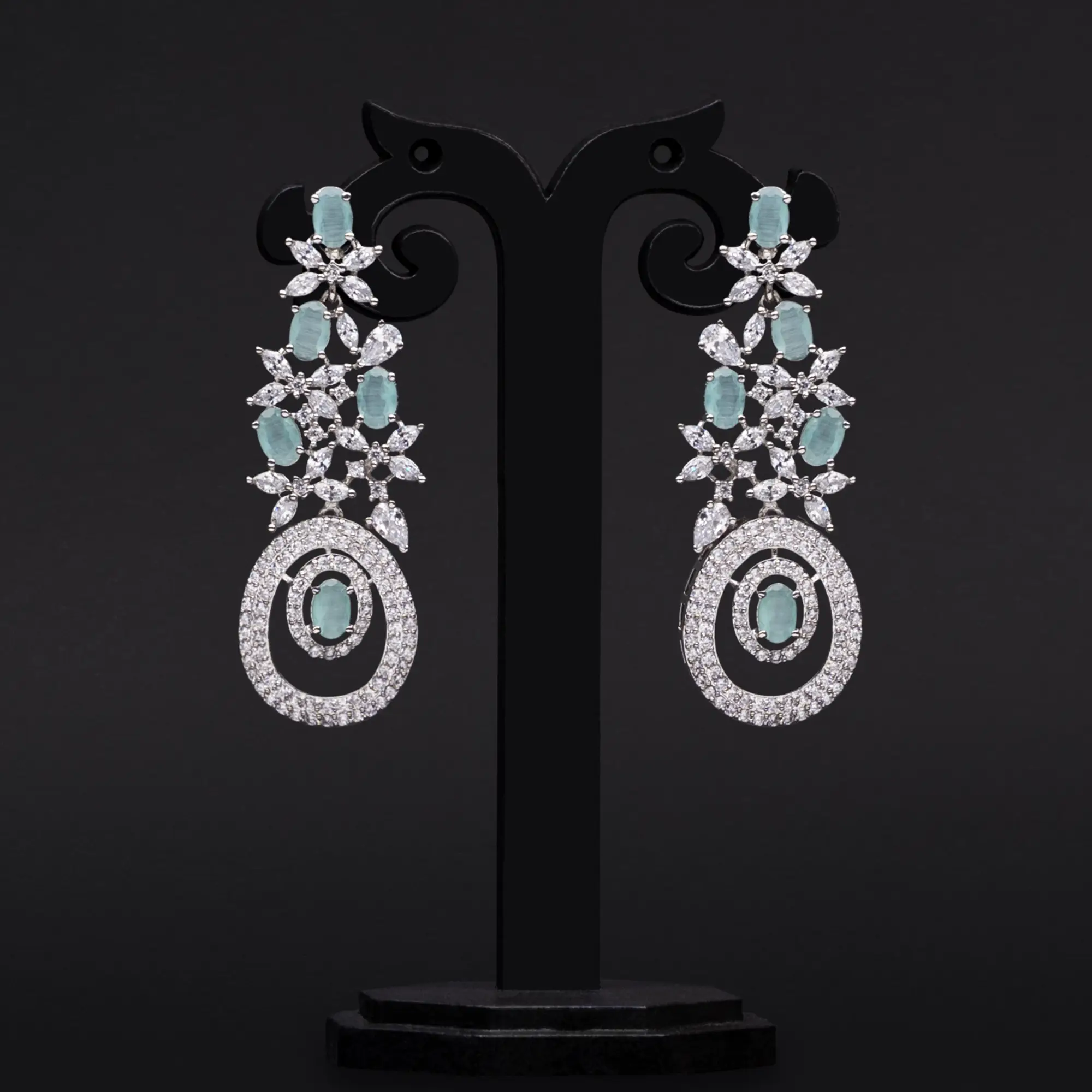 Refreshing Mint Green Stones and American Diamonds Stylish Dangler with Rhodium Plating